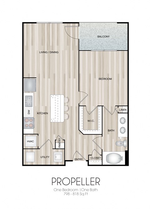 Floor plan for 1 bed, 1 bath, 818 sqft
